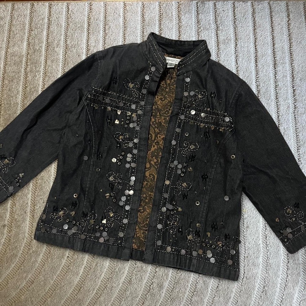 Coldwater Creek Black Denim Embellished Jacket size small Open Boho Paisley Punk